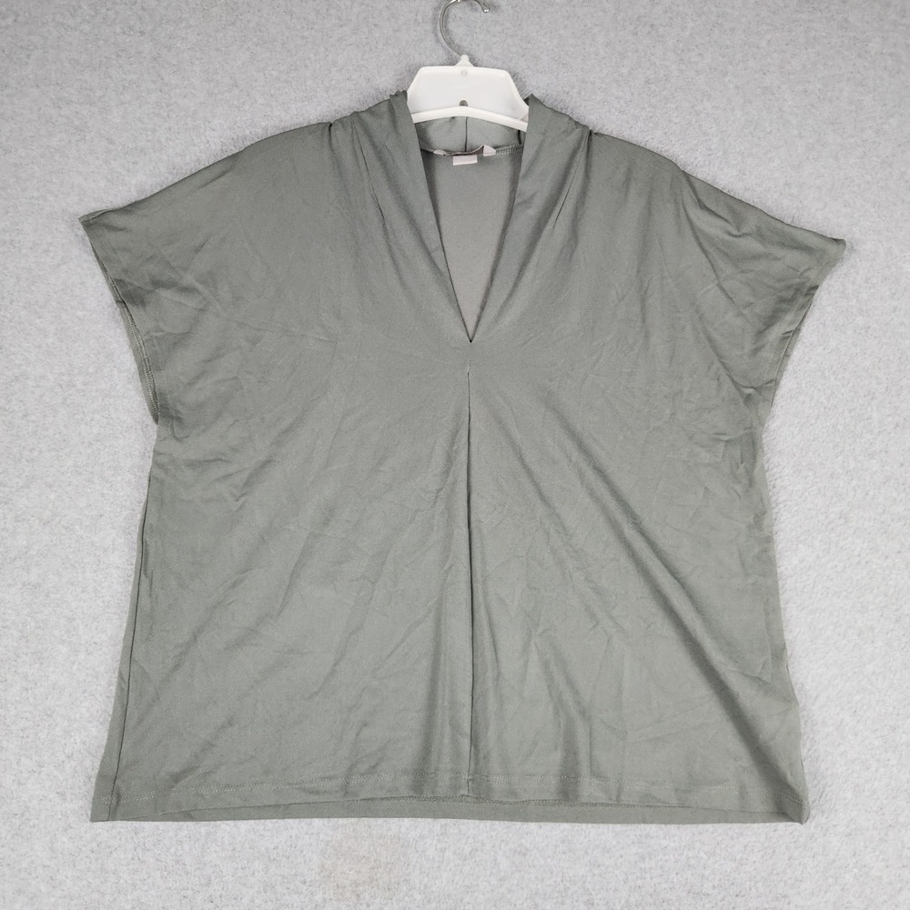 H&M Blouse Womens Large Olive Green Short Sleeve V-Neck Relaxed Fit Minimalist